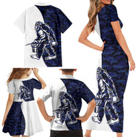 Funny Bigfoot Blue Military Texture Fish Family Matching Short Sleeve Bodycon Dress and Hawaiian Shirt - Wonder Print Shop