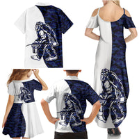 Funny Bigfoot Blue Military Texture Fish Family Matching Summer Maxi Dress and Hawaiian Shirt - Wonder Print Shop