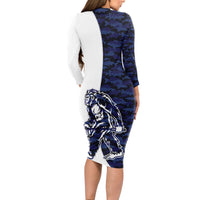 Funny Bigfoot Blue Military Texture Fish Long Sleeve Bodycon Dress - Wonder Print Shop
