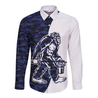 Funny Bigfoot Blue Military Texture Fish Long Sleeve Button Shirt - Wonder Print Shop