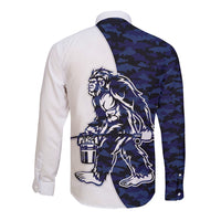 Funny Bigfoot Blue Military Texture Fish Long Sleeve Button Shirt - Wonder Print Shop
