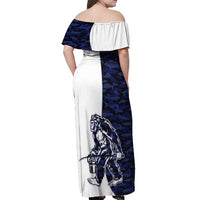 Funny Bigfoot Blue Military Texture Fish Off Shoulder Maxi Dress - Wonder Print Shop