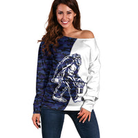 Funny Bigfoot Blue Military Texture Fish Off Shoulder Sweater - Wonder Print Shop