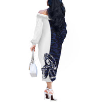 Funny Bigfoot Blue Military Texture Fish Off The Shoulder Long Sleeve Dress - Wonder Print Shop