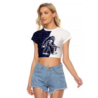 Funny Bigfoot Blue Military Texture Fish Raglan Cropped T Shirt - Wonder Print Shop