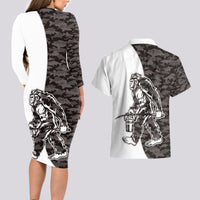 Funny Bigfoot Gray Military Texture Fish Couples Matching Long Sleeve Bodycon Dress and Hawaiian Shirt - Wonder Print Shop