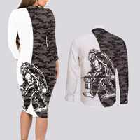 Funny Bigfoot Gray Military Texture Fish Couples Matching Long Sleeve Bodycon Dress and Long Sleeve Button Shirt - Wonder Print Shop