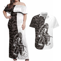 Funny Bigfoot Gray Military Texture Fish Couples Matching Off Shoulder Maxi Dress and Hawaiian Shirt - Wonder Print Shop