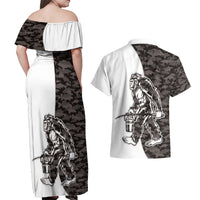 Funny Bigfoot Gray Military Texture Fish Couples Matching Off Shoulder Maxi Dress and Hawaiian Shirt - Wonder Print Shop