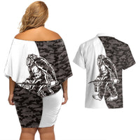 Funny Bigfoot Gray Military Texture Fish Couples Matching Off Shoulder Short Dress and Hawaiian Shirt - Wonder Print Shop