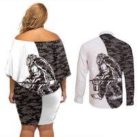 Funny Bigfoot Gray Military Texture Fish Couples Matching Off Shoulder Short Dress and Long Sleeve Button Shirt - Wonder Print Shop
