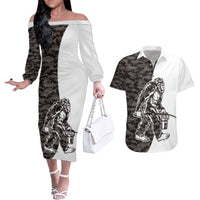 Funny Bigfoot Gray Military Texture Fish Couples Matching Off The Shoulder Long Sleeve Dress and Hawaiian Shirt - Wonder Print Shop