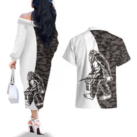 Funny Bigfoot Gray Military Texture Fish Couples Matching Off The Shoulder Long Sleeve Dress and Hawaiian Shirt - Wonder Print Shop