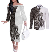 Funny Bigfoot Gray Military Texture Fish Couples Matching Off The Shoulder Long Sleeve Dress and Long Sleeve Button Shirt