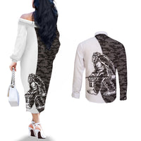 Funny Bigfoot Gray Military Texture Fish Couples Matching Off The Shoulder Long Sleeve Dress and Long Sleeve Button Shirt
