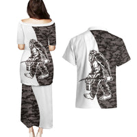 Funny Bigfoot Gray Military Texture Fish Couples Matching Puletasi and Hawaiian Shirt - Wonder Print Shop