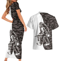 Funny Bigfoot Gray Military Texture Fish Couples Matching Short Sleeve Bodycon Dress and Hawaiian Shirt - Wonder Print Shop