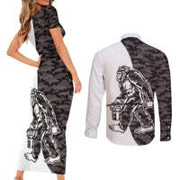 Funny Bigfoot Gray Military Texture Fish Couples Matching Short Sleeve Bodycon Dress and Long Sleeve Button Shirt - Wonder Print Shop