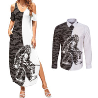Funny Bigfoot Gray Military Texture Fish Couples Matching Summer Maxi Dress and Long Sleeve Button Shirt - Wonder Print Shop
