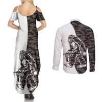 Funny Bigfoot Gray Military Texture Fish Couples Matching Summer Maxi Dress and Long Sleeve Button Shirt - Wonder Print Shop