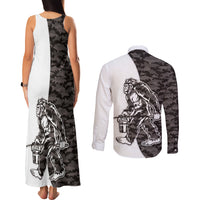 Funny Bigfoot Gray Military Texture Fish Couples Matching Tank Maxi Dress and Long Sleeve Button Shirt - Wonder Print Shop