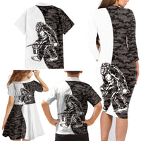 Funny Bigfoot Gray Military Texture Fish Family Matching Long Sleeve Bodycon Dress and Hawaiian Shirt - Wonder Print Shop