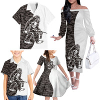 Funny Bigfoot Gray Military Texture Fish Family Matching Off The Shoulder Long Sleeve Dress and Hawaiian Shirt - Wonder Print Shop