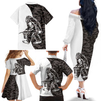 Funny Bigfoot Gray Military Texture Fish Family Matching Off The Shoulder Long Sleeve Dress and Hawaiian Shirt - Wonder Print Shop