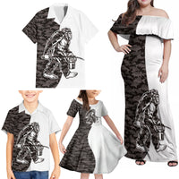 Funny Bigfoot Gray Military Texture Fish Family Matching Off Shoulder Maxi Dress and Hawaiian Shirt - Wonder Print Shop