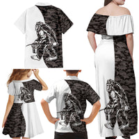 Funny Bigfoot Gray Military Texture Fish Family Matching Off Shoulder Maxi Dress and Hawaiian Shirt - Wonder Print Shop