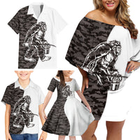 Funny Bigfoot Gray Military Texture Fish Family Matching Off Shoulder Short Dress and Hawaiian Shirt - Wonder Print Shop
