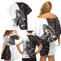 Funny Bigfoot Gray Military Texture Fish Family Matching Off Shoulder Short Dress and Hawaiian Shirt - Wonder Print Shop