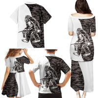 Funny Bigfoot Gray Military Texture Fish Family Matching Puletasi and Hawaiian Shirt - Wonder Print Shop