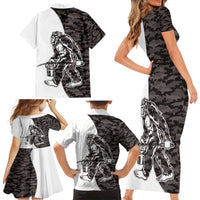 Funny Bigfoot Gray Military Texture Fish Family Matching Short Sleeve Bodycon Dress and Hawaiian Shirt - Wonder Print Shop