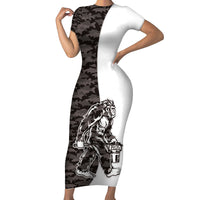 Funny Bigfoot Gray Military Texture Fish Family Matching Short Sleeve Bodycon Dress and Hawaiian Shirt - Wonder Print Shop