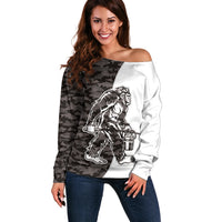 Funny Bigfoot Gray Military Texture Fish Off Shoulder Sweater - Wonder Print Shop