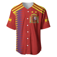 Red Spain baseball jersey with yellow stripes, button front, crest and 2024 graphic