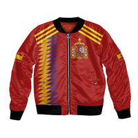 Red unisex bomber jacket with Spain crest, striped accents, and ribbed hem cuffs