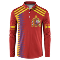 Red Spain-style long-sleeve button polo with yellow striped panels and front crest