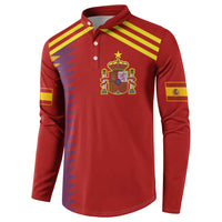 Red long-sleeve button polo with yellow shoulder stripes, front crest, and star accents