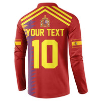 Red long-sleeve button polo with yellow back stripes, crest, and large number 10 print