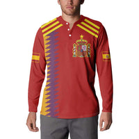 Red Spain-style long-sleeve button polo with yellow shoulder stripes and front crest on model