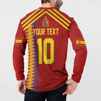 Red long-sleeve button polo with yellow back stripes, crest, and 'YOUR TEXT' with 10 print
