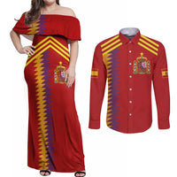 Custom Spain Football 2024 Road To The Champion Couples Matching Off Shoulder Maxi Dress and Long Sleeve Button Shirt Vamos a Espana - Wonder Print Shop