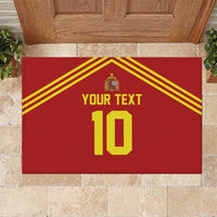 Red rubber doormat with yellow stripes, Spain crest, custom text and number 10
