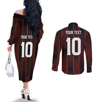 Custom Trinbago Cricket Knight Riders Couples Matching Off The Shoulder Long Sleeve Dress and Long Sleeve Button Shirt Palm Leaves with Vertical Stripes Sporty Style - Wonder Print Shop