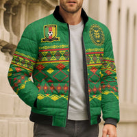 Custom Cameroon Football Bomber Puffer Jacket Tribal Motifs Green Color - Wonder Print Shop