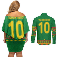 Custom Cameroon Football Couples Matching Off Shoulder Short Dress and Long Sleeve Button Shirt Tribal Motifs Green Color - Wonder Print Shop