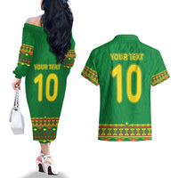 Custom Cameroon Football Couples Matching Off The Shoulder Long Sleeve Dress and Hawaiian Shirt Tribal Motifs Green Color - Wonder Print Shop