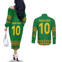 Custom Cameroon Football Couples Matching Off The Shoulder Long Sleeve Dress and Long Sleeve Button Shirt Tribal Motifs Green Color - Wonder Print Shop
